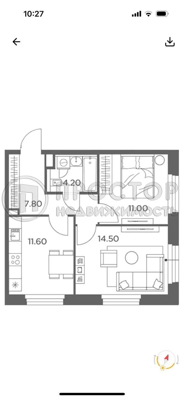 2-комнатная квартира, 49.1 м² - фото 2