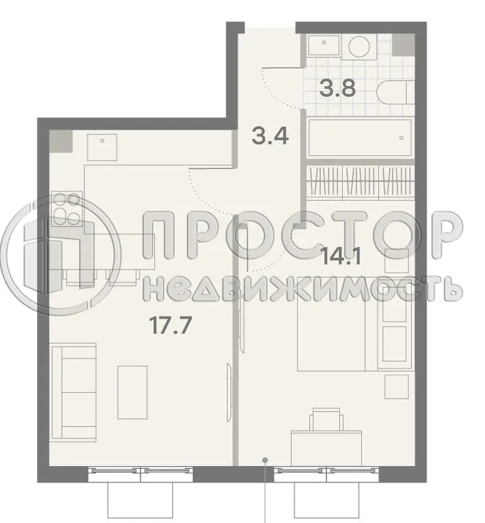 1-комнатная квартира, 39 м² - фото 2