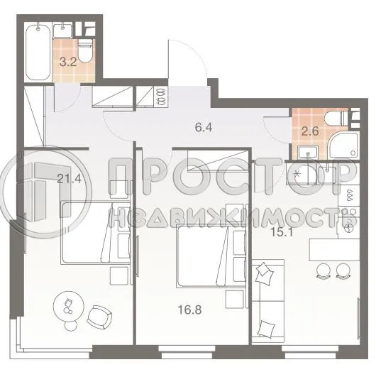 3-комнатная квартира, 65.5 м² - фото 7
