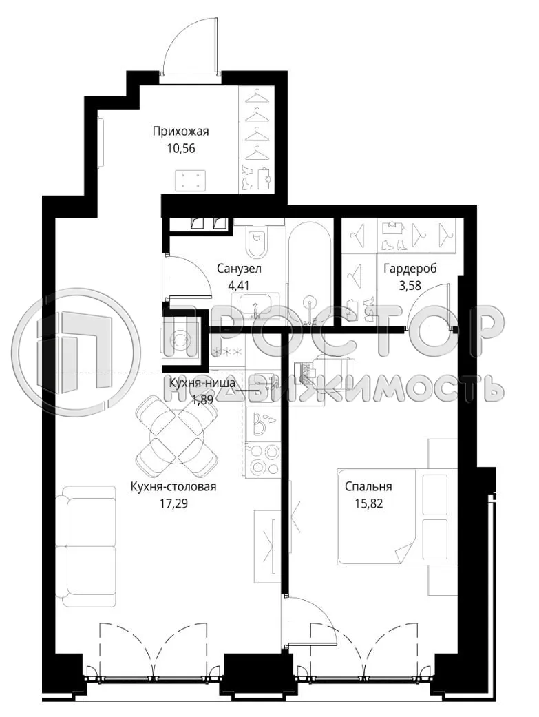 1-комнатная квартира, 54 м² - фото 2