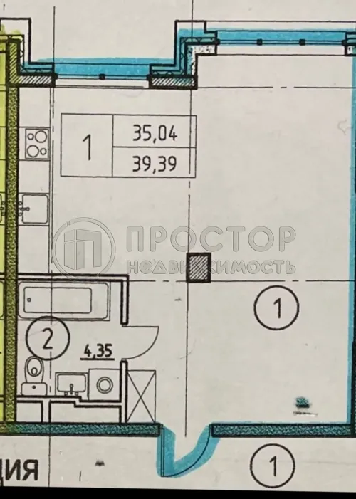 1-комнатная квартира, 39.1 м² - фото 15