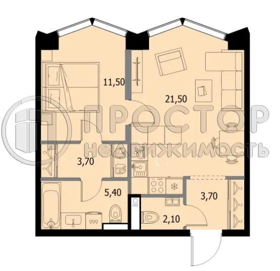 1-комнатная квартира, 48 м² - фото 6