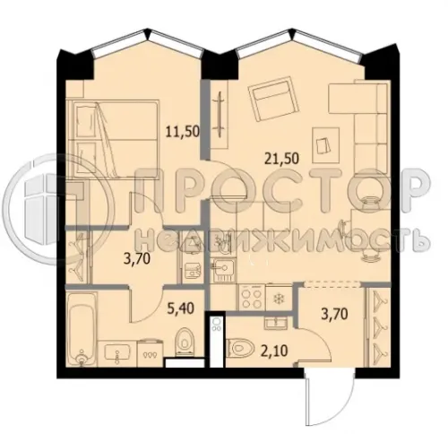 1-комнатная квартира, 48 м² - фото 6