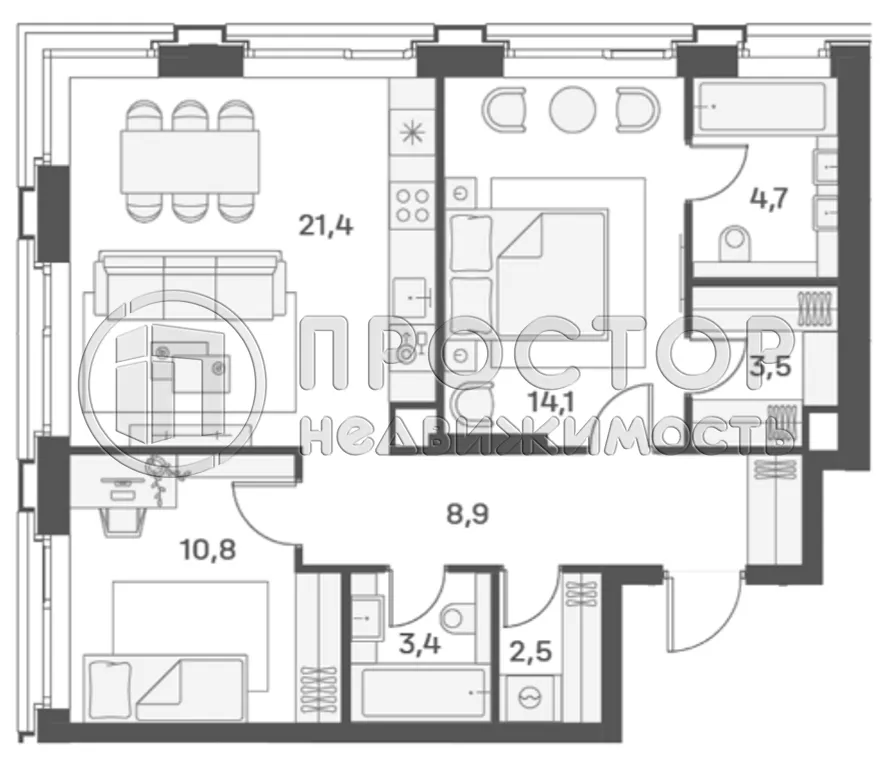 2-комнатная квартира, 69.3 м² - фото 8