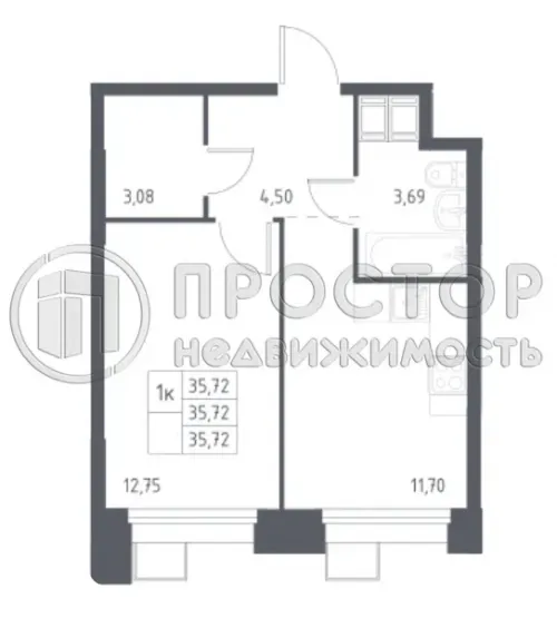 1-комнатная квартира, 35.72 м² - фото 6