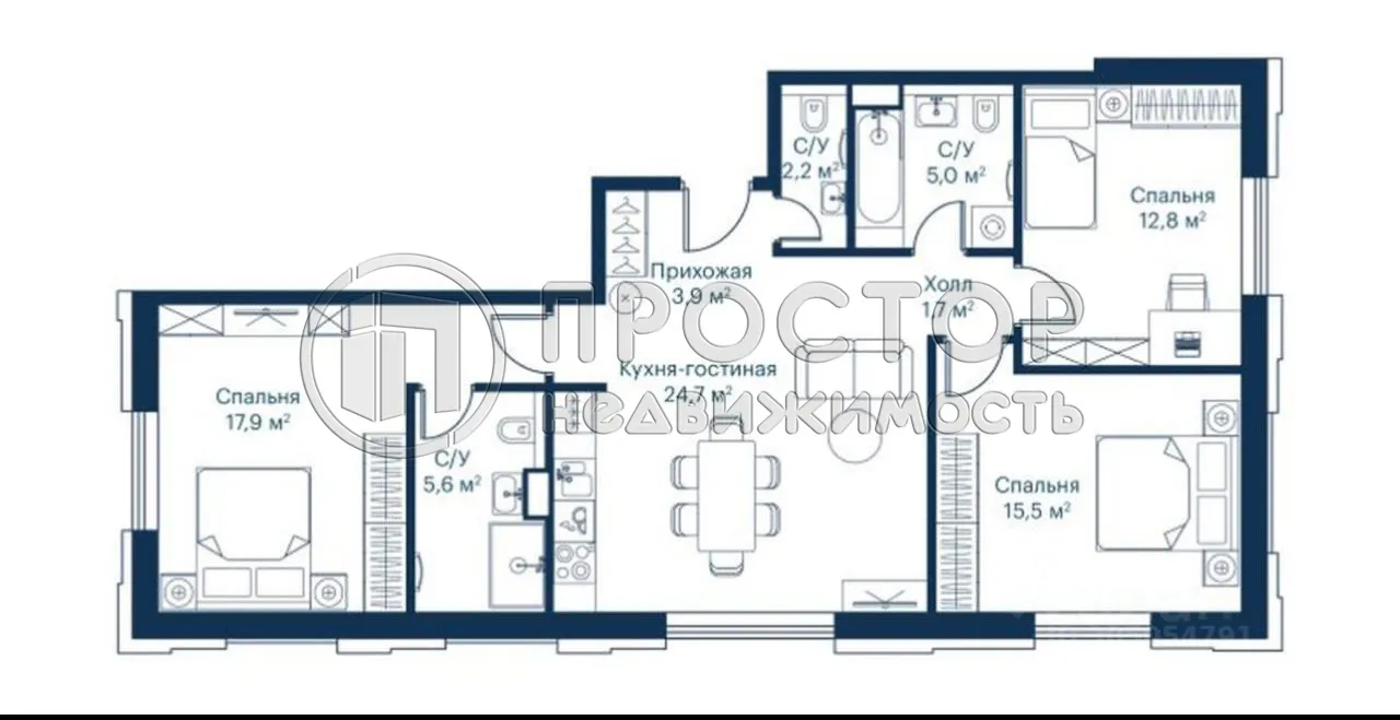 3-комнатная квартира, 88.1 м² - фото 33