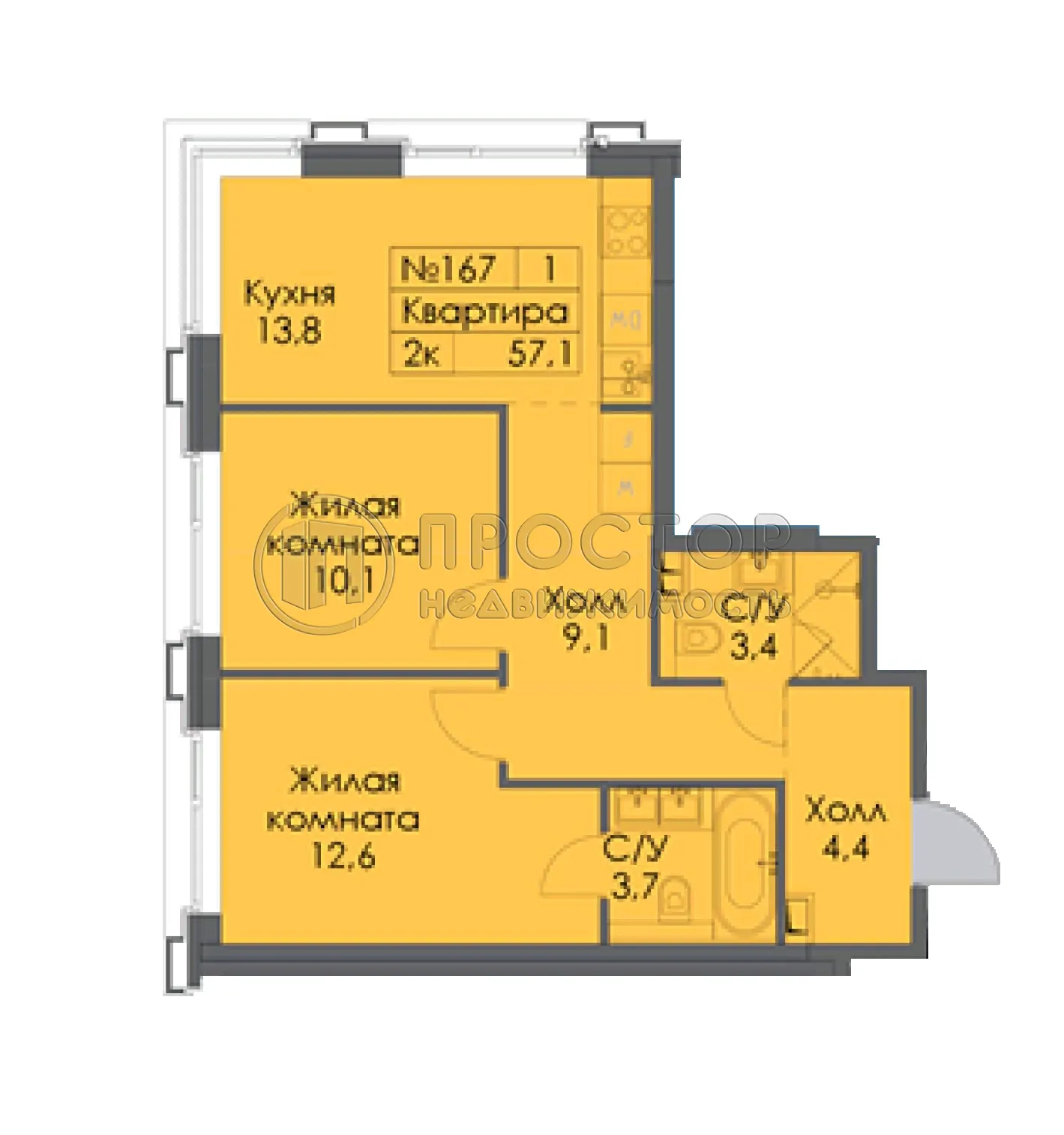 2-комнатная квартира, 57.1 м² - фото 14