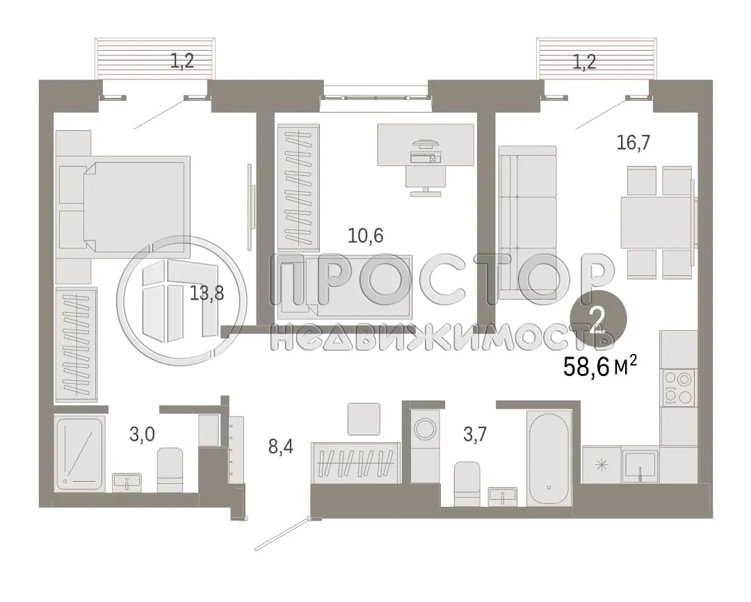 2-комнатная квартира, 58.6 м² - фото 7