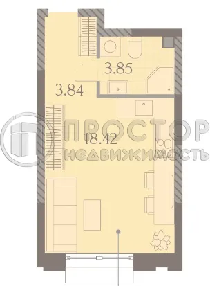1-комнатная квартира, 26.11 м² - фото 12