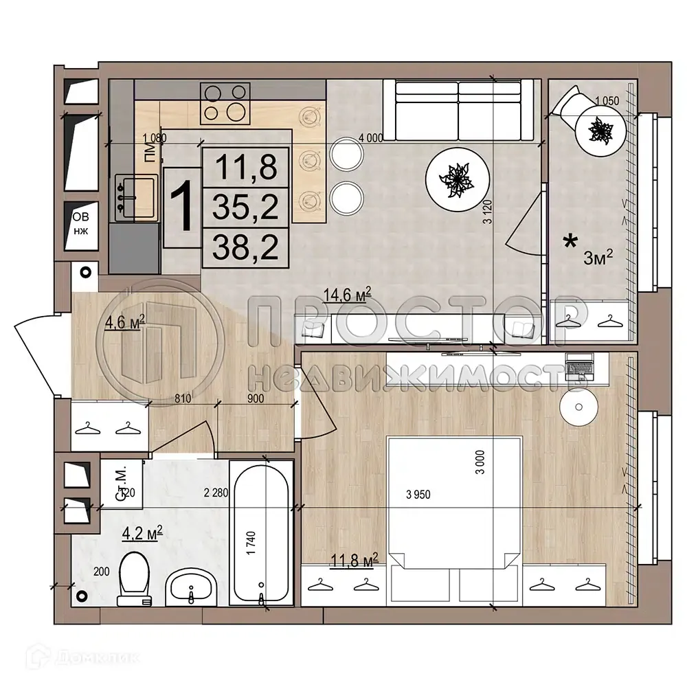 1-комнатная квартира, 38.2 м² - фото 2