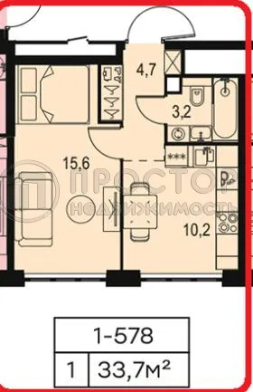 1-комнатная квартира, 33.7 м² - фото 9