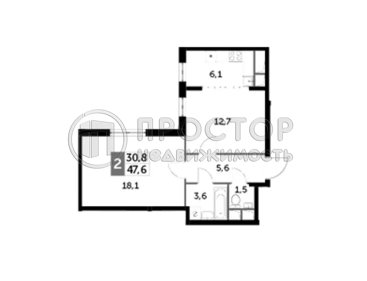 1-комнатная квартира, 47 м² - фото 2