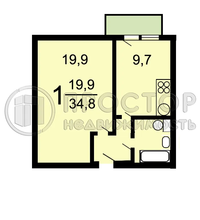 1-комнатная квартира, 35 м² - фото 14