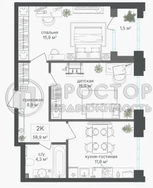 2-комнатная квартира, 58.9 м² - фото 4