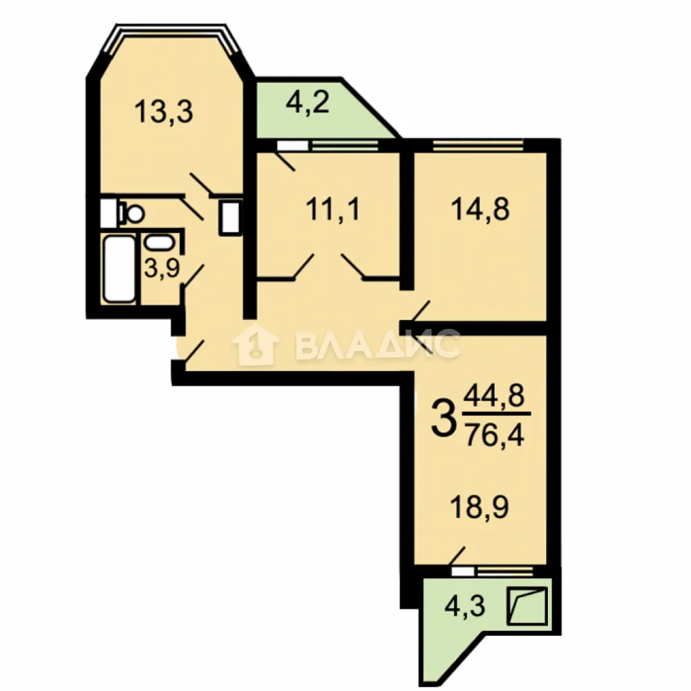 3-комнатная квартира, 76.1 м² - фото 19