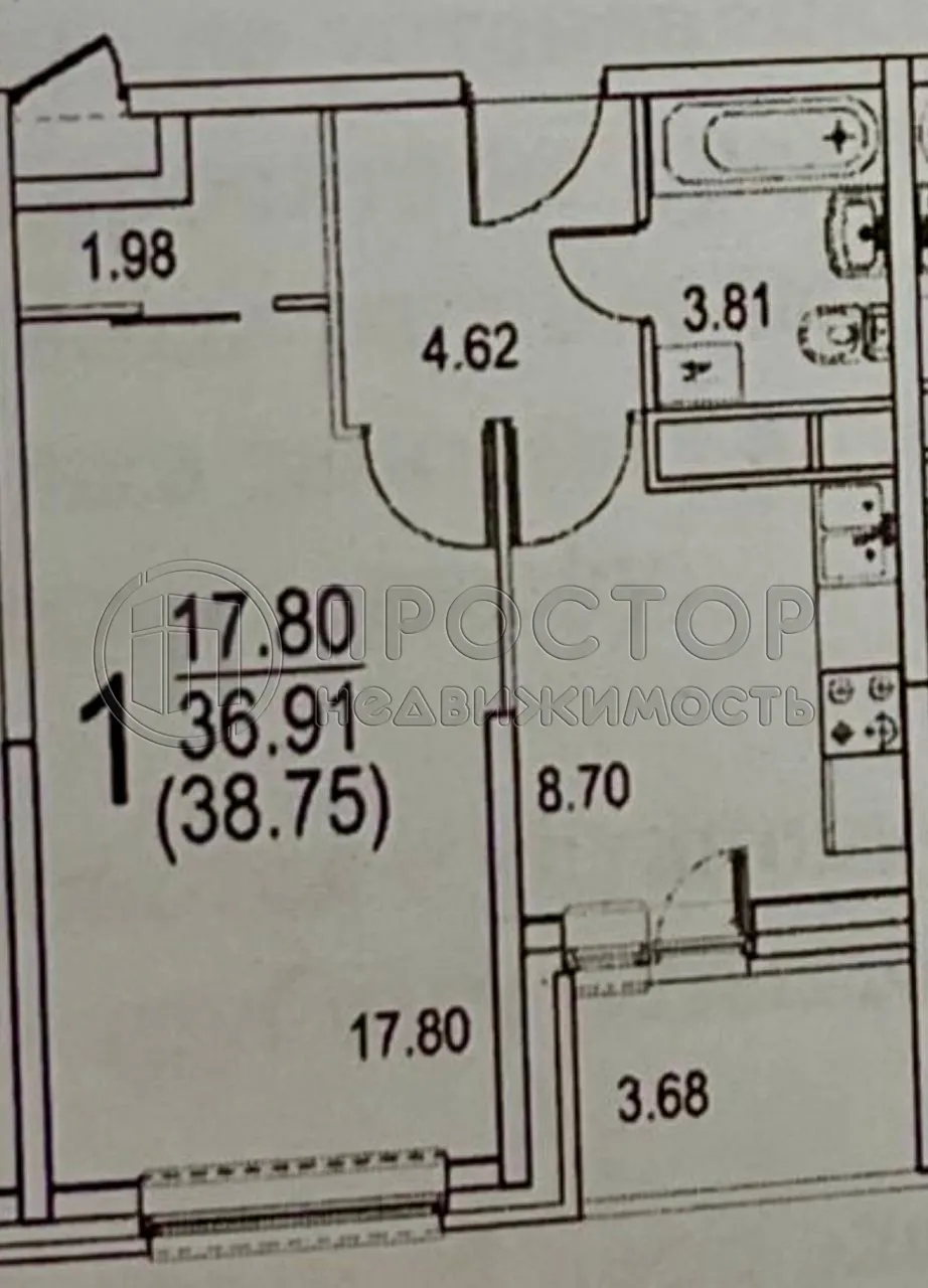 1-комнатная квартира, 38.75 м² - фото 14