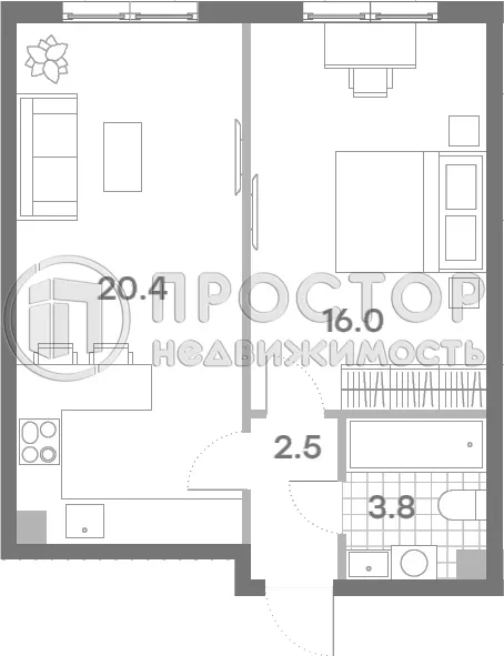 1-комнатная квартира, 42.7 м² - фото 13