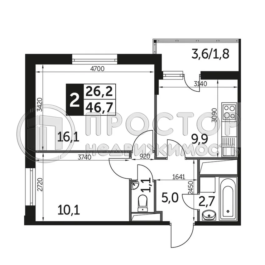 2-комнатная квартира, 46 м² - фото 12