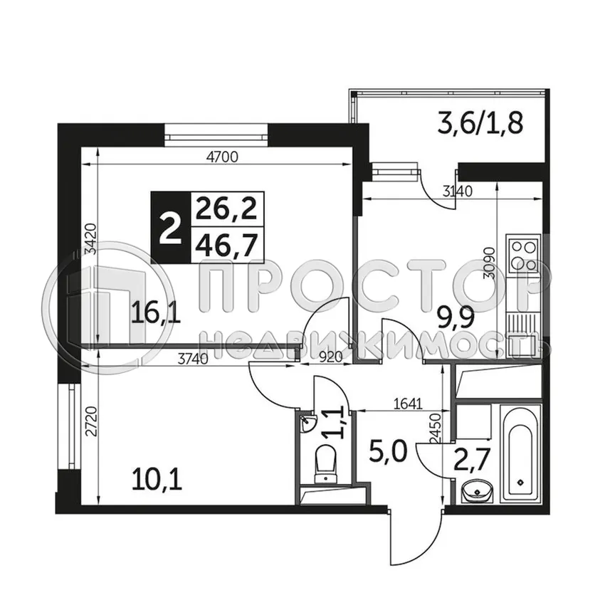 2-комнатная квартира, 46 м² - фото 2