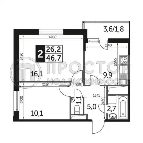 2-комнатная квартира, 46 м.кв.
