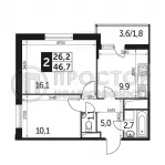 2-комнатная квартира, 46 м² - фото 13