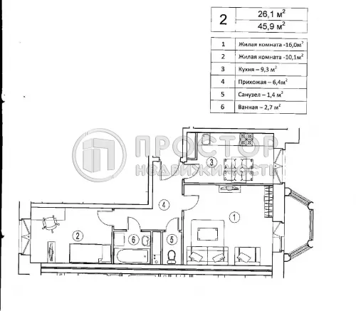 2-комнатная квартира, 46.3 м² - фото 31