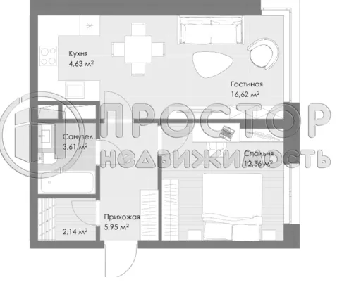 1-комнатная квартира, 44.87 м² - фото 6