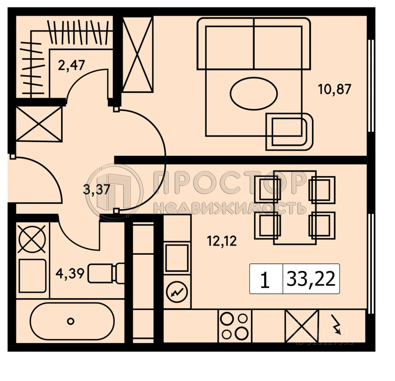 1-комнатная квартира, 33.22 м² - фото 6