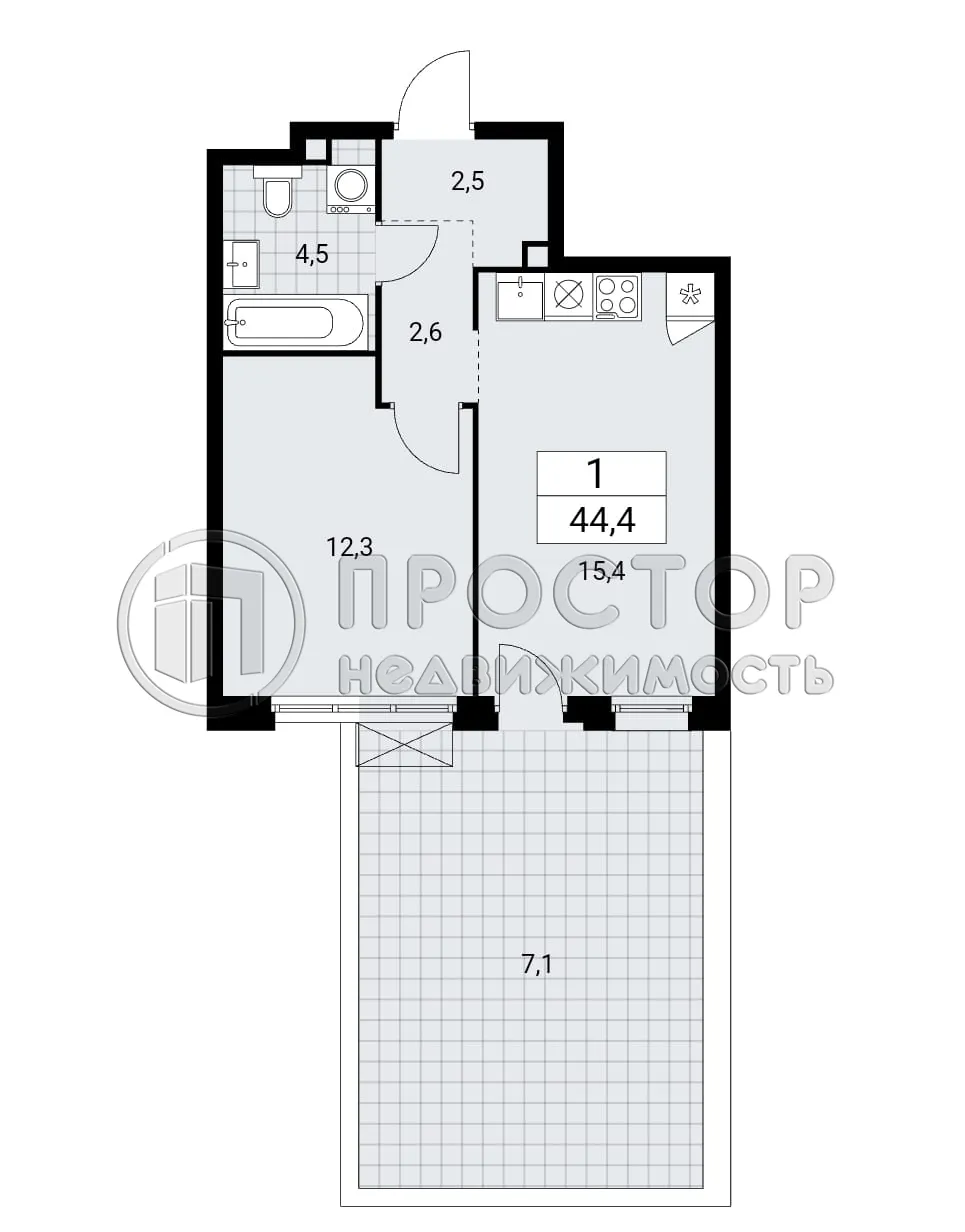 1-комнатная квартира, 44.4 м² - фото 15