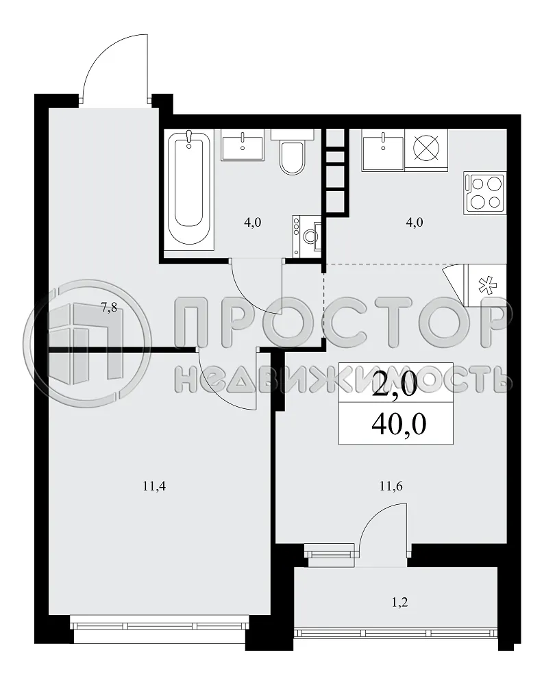1-комнатная квартира, 40 м² - фото 7
