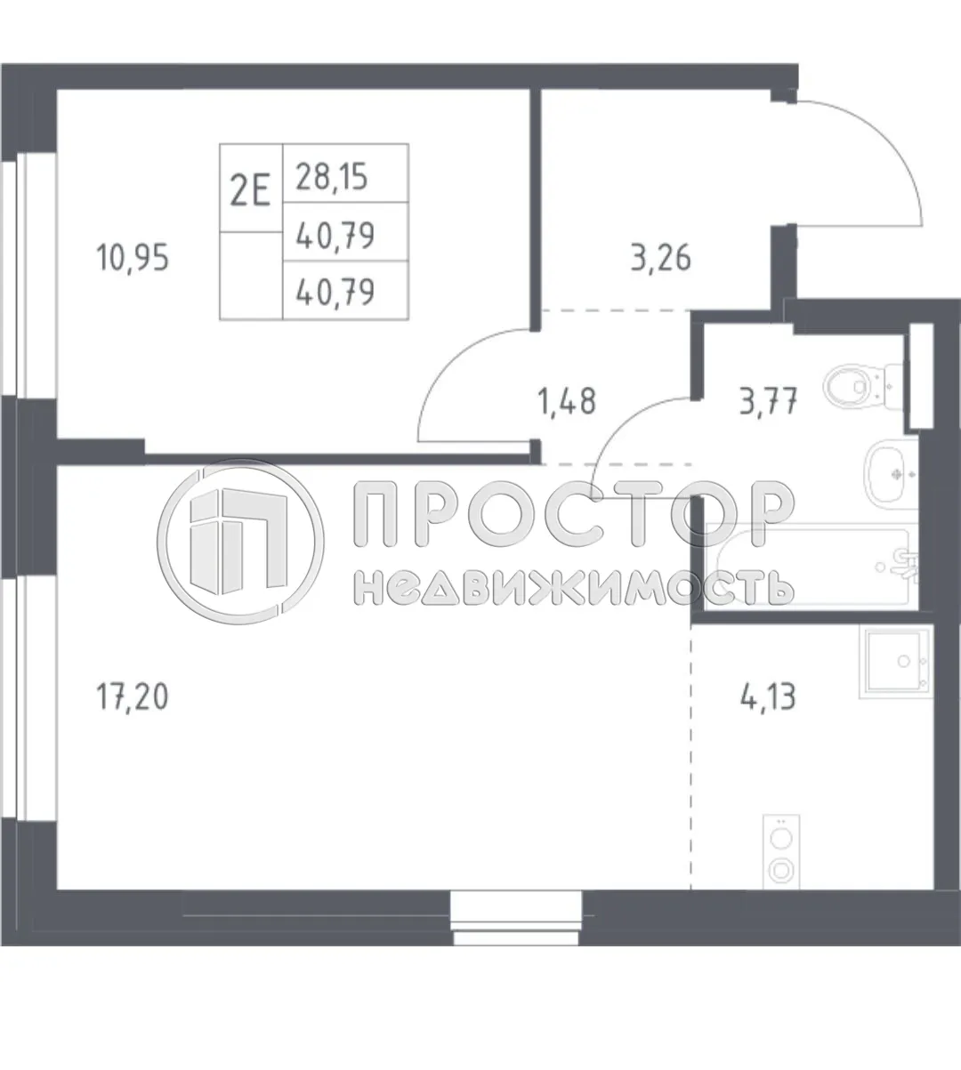 1-комнатная квартира, 40.79 м² - фото 2