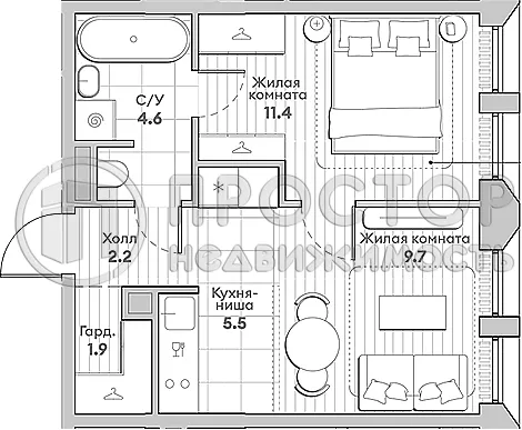 1-комнатная квартира, 35.3 м² - фото 14