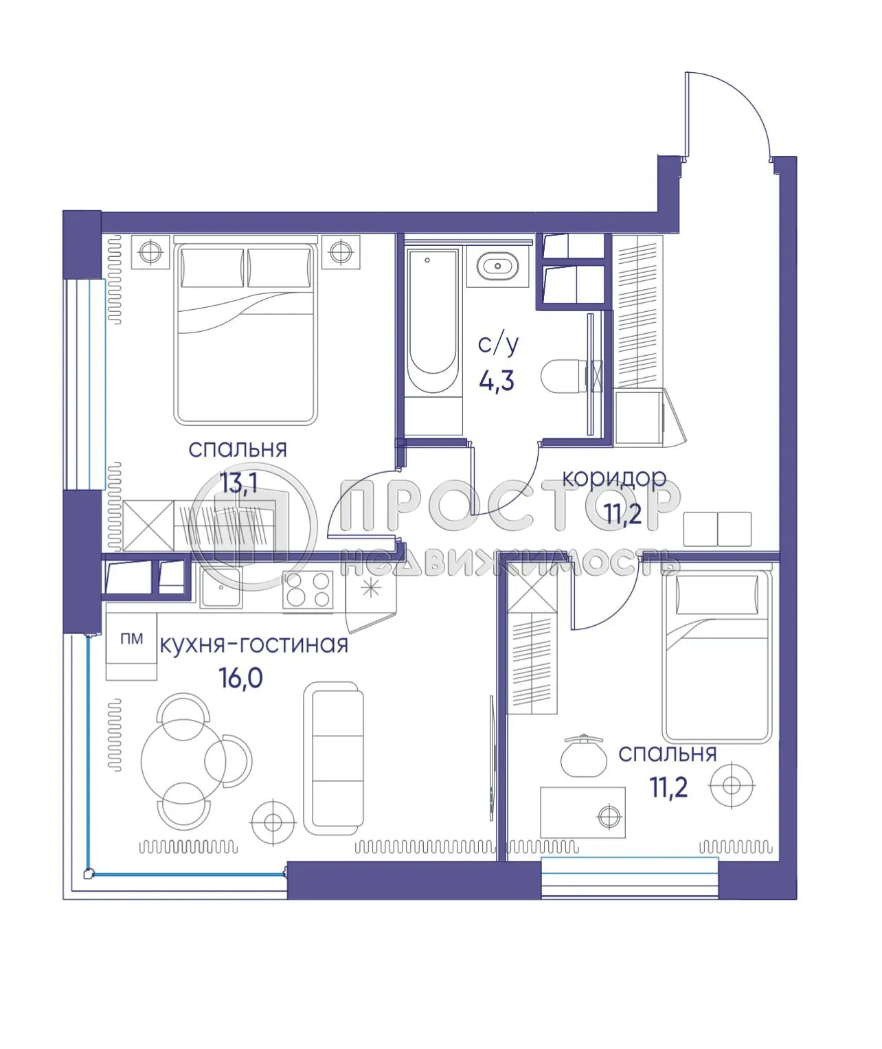 2-комнатная квартира, 55.8 м² - фото 7
