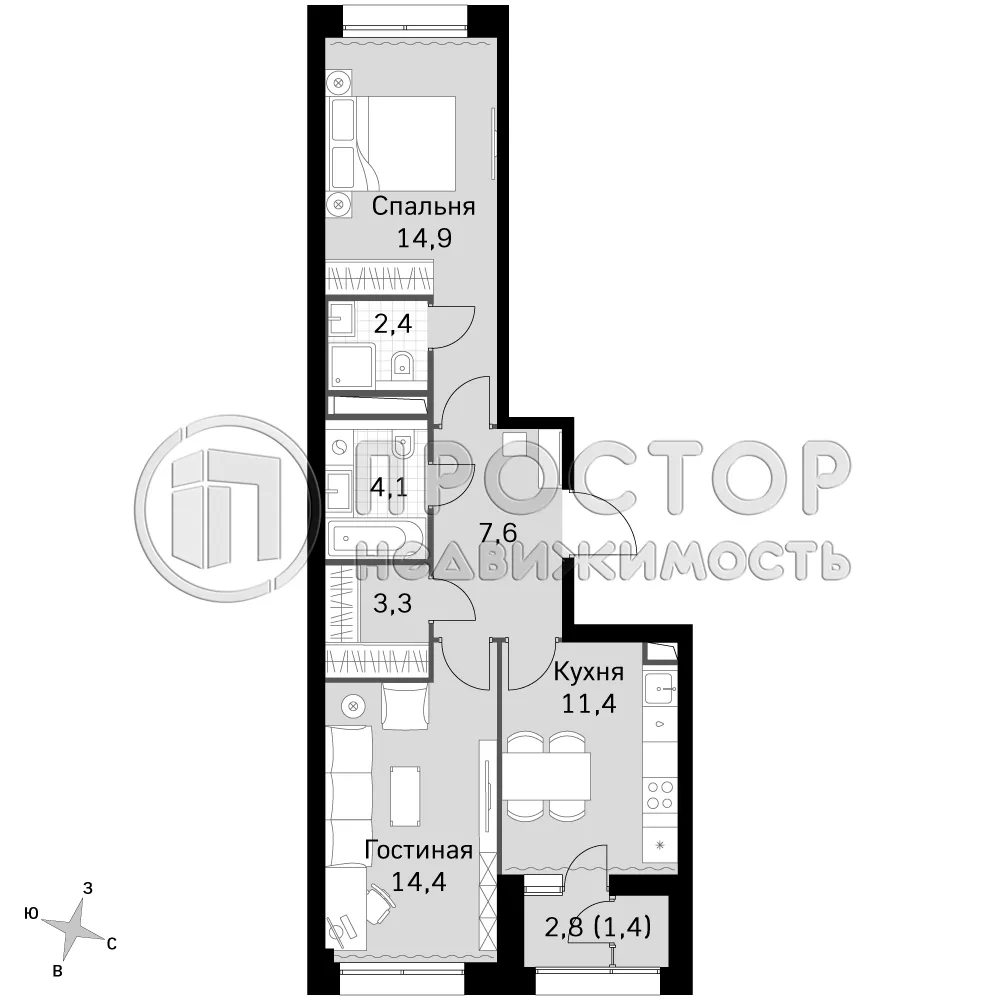 2-комнатная квартира, 59.8 м² - фото 5