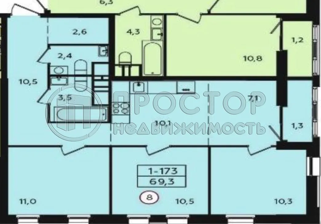 3-комнатная квартира, 69.3 м² - фото 12