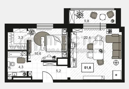 2-комнатная квартира, 51.6 м² - фото 9