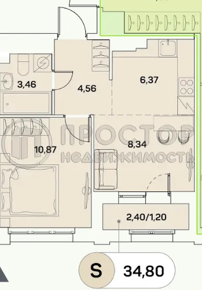 1-комнатная квартира, 34.8 м² - фото 2