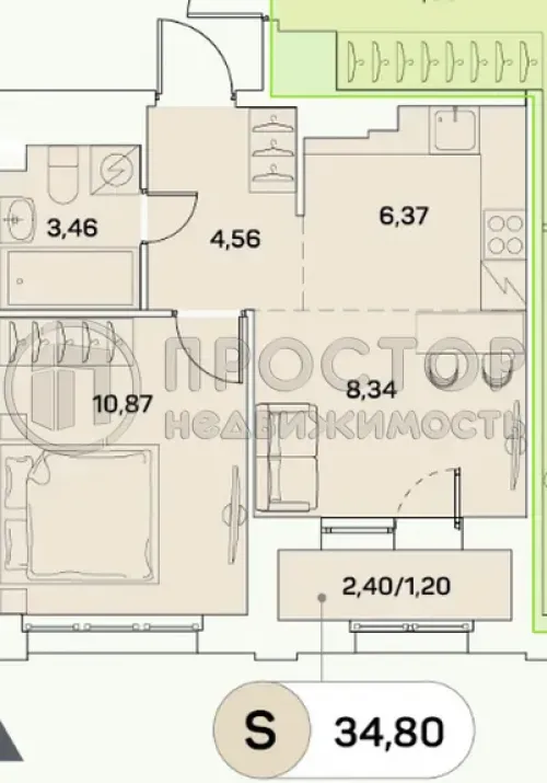 1-комнатная квартира, 34.8 м² - фото 2