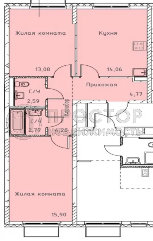 2-комнатная квартира, 57.39 м² - фото 2