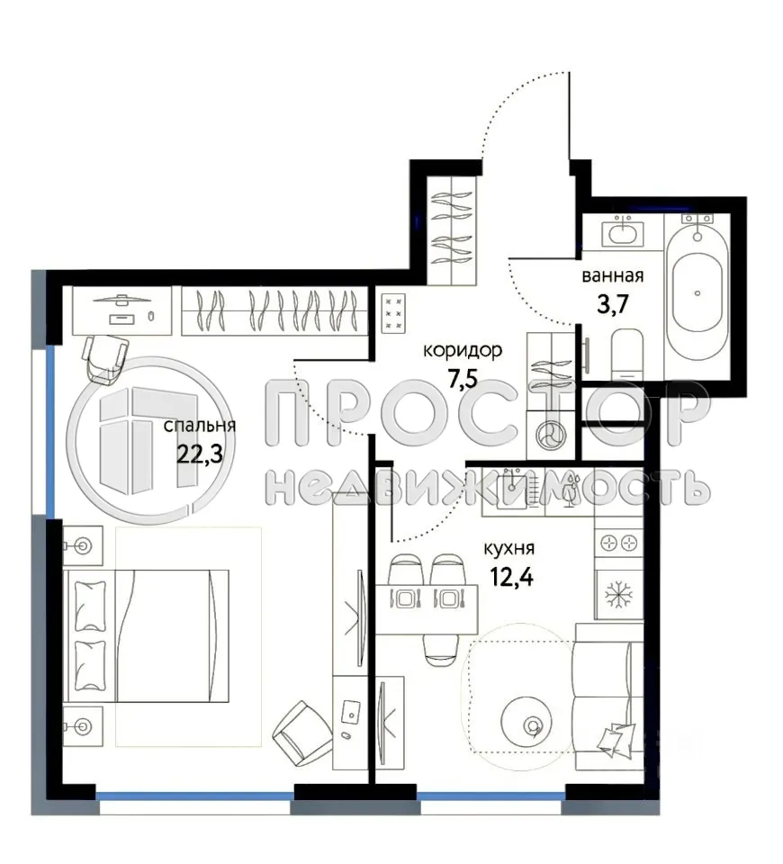 1-комнатная квартира, 45.9 м² - фото 10