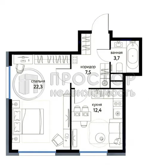 1-комнатная квартира, 45.9 м² - фото 10