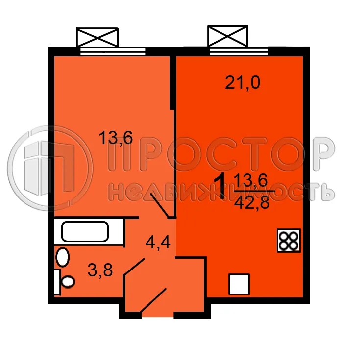 1-комнатная квартира, 42 м² - фото 14