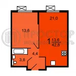 1-комнатная квартира, 42 м² - фото 46