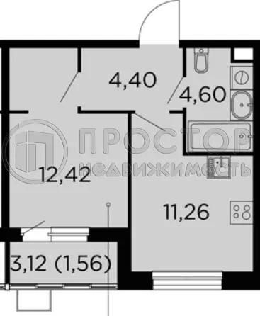 1-комнатная квартира, 34.24 м² - фото 13