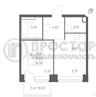 2-комнатная квартира, 36.58 м² - фото 9