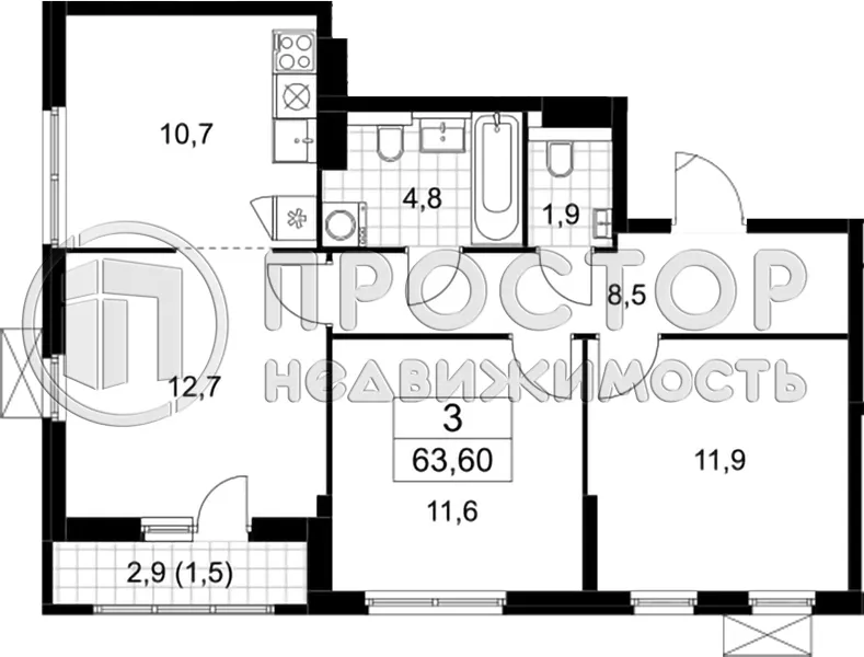 3-комнатная квартира, 63.6 м² - фото 17