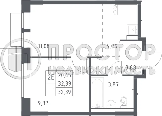 1-комнатная квартира, 32.39 м² - фото 15