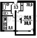 1-комнатная квартира, 39 м² - фото 19