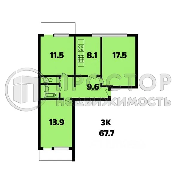 3-комнатная квартира, 67.7 м² - фото 13