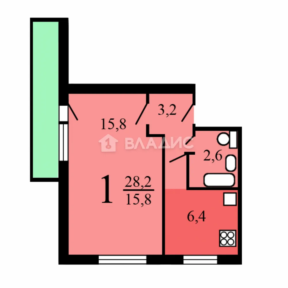 1-комнатная квартира, 30.1 м² - фото 12